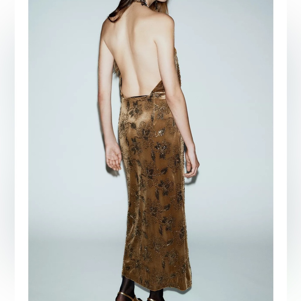 Zara NWT midi halter velvet and floral sequin dress - Picture 8 of 13